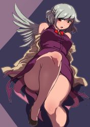 Rule 34 | 1girl, bare shoulders, blush, bow, bowtie, braid, breasts, commentary, convenient leg, covered erect nipples, down jacket, dress, enajii, french braid, grey hair, jacket, kishin sagume, looking at viewer, medium breasts, plump, red eyes, shoes, short hair, single wing, solo, thick thighs, thighs, touhou, wings