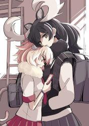 Rule 34 | 10s, 2girls, animal ears, antlers, bag, black hair, black scarf, black vest, blazer, blonde hair, brown eyes, bus, chin rest, day, from side, fur collar, grey skirt, hair between eyes, hand in pocket, hand up, head on head, head rest, highres, holding, holding phone, horns, jacket, kemono friends, light rays, lion (kemono friends), lion ears, lion tail, long hair, long sleeves, looking at viewer, looking down, looking to the side, moose (kemono friends), moose ears, motor vehicle, multiple girls, neckerchief, necktie, orange eyes, parted lips, phone, plaid, plaid necktie, plaid neckwear, plaid skirt, pleated skirt, ponekusan, red necktie, red skirt, scarf, school uniform, serafuku, shirt, short hair, short sleeves, skirt, standing, tail, unmoving pattern, vest, white shirt, wristband, yuri