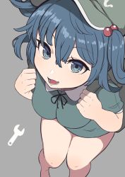 Rule 34 | 1girl, backpack, bag, bare legs, blue eyes, blue hair, blue shirt, breasts, flat cap, from above, green hat, grey background, hair bobbles, hair ornament, hat, highres, kawashiro nitori, looking at viewer, marsen, medium breasts, open mouth, shirt, short hair, short sleeves, simple background, solo, thighs, touhou, two side up, wrench