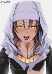 Rule 34 | 1girl, backlighting, bent over, black hair, breasts, cleavage, commentary request, covered erect nipples, facial mark, fate/grand order, fate (series), forehead mark, habit, heavy breathing, highres, kloah, large breasts, nun, open mouth, saliva, sessyoin kiara, simple background, smile, solo, sweat, tongue, twitter username, yellow eyes
