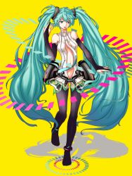 Rule 34 | 1girl, anklet, aqua eyes, aqua hair, bare shoulders, breasts, bridal gauntlets, center opening, firebate, hatsune miku, hatsune miku (append), jewelry, long hair, navel, necktie, simple background, solo, thighhighs, twintails, very long hair, vocaloid, vocaloid append