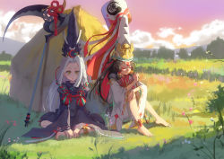 Rule 34 | 2boys, :o, absurdres, anklet, barefoot, black hair, cloud, commentary request, day, closed eyes, facing viewer, flower, full body, grass, hakudouji, hat, haystack, highres, indian style, japanese clothes, jewelry, kurodouji, looking at viewer, miko, multiple boys, onmyoji, open mouth, outdoors, photoshop (medium), pink sky, plant, scythe, shirodouji, short eyebrows, shoufu, sitting, sky, smile, tate eboshi, white hair, wide sleeves, yellow eyes