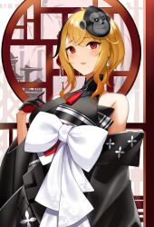 Rule 34 | 1girl, absurdres, bare shoulders, black gloves, black kimono, blonde hair, blush, detached sleeves, gloves, gorilla mask, highres, hololive, hololive indonesia, japanese clothes, kaela kovalskia, kimono, long hair, looking at viewer, looking away, mask, mask on head, obi, official alternate costume, open mouth, red eyes, red gloves, roina (effj7473), sash, sidelocks, sleeveless, sleeveless kimono, smile, solo, two-tone gloves, upper body, virtual youtuber, white sash, wide sleeves