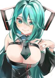 Rule 34 | 1girl, alternate breast size, aqua eyes, aqua hair, bangle, bare shoulders, belt, black dress, bracelet, breasts, cleavage, closed mouth, detached collar, detached sleeves, dress, framed breasts, hair between eyes, hair down, hatsune miku, jewelry, lace-trimmed collar, lace trim, large breasts, leaning forward, light smile, long hair, long sleeves, looking at viewer, mature female, mugi 0, necktie, o-ring, simple background, solo, strapless, strapless dress, tight clothes, tight dress, tube dress, very long hair, vocaloid, white background