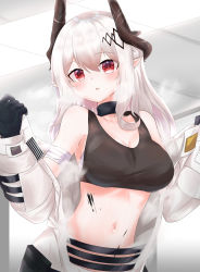 Rule 34 | 1girl, absurdres, arknights, bandaged arm, bandages, bare shoulders, black choker, black gloves, blush, breasts, breath, choker, cleavage, commentary, crop top, gloves, hair between eyes, highres, horns, indoors, large breasts, long hair, long sleeves, looking at viewer, material growth, midriff, min1910, mudrock (arknights), mudrock (elite ii) (arknights), navel, oripathy lesion (arknights), parted lips, pointy ears, red eyes, sarashi, silver hair, solo, sports bra, stomach, upper body