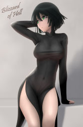 Rule 34 | 1girl, arm behind head, arm support, arm up, bare legs, black dress, black hair, bob cut, breasts, covered navel, dress, english text, eyelashes, female focus, fubuki (one-punch man), green eyes, grey background, hair between eyes, high collar, highres, large breasts, legs, one-punch man, pelvic curtain, see-through, serious, short hair, side slit, siraha, sitting, skin tight, solo, taut clothes, taut dress, thighs, v-neck, wide hips