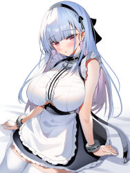 Rule 34 | 1girl, aa44, apron, azur lane, bare shoulders, black hairband, blush, breasts, clothing cutout, dido (azur lane), grey hair, hairband, highres, large breasts, long hair, looking at viewer, purple eyes, sleeveless, solo, thighhighs, underboob, underboob cutout, white apron, white background, white hair, white thighhighs