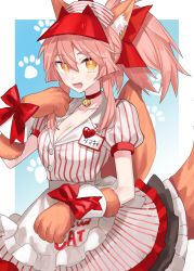 Rule 34 | 1girl, animal ear fluff, animal ears, animal hands, apron, arm up, bell, bow, breasts, character name, cleavage, clothes writing, collar, collarbone, dress, fang, fate/extra, fate/grand order, fate (series), fox ears, fox girl, fox tail, gloves, hair between eyes, hair bow, highres, jingle bell, large breasts, long hair, looking at viewer, lostroom outfit (fate), neck bell, open mouth, paw gloves, pink hair, ponytail, puffy short sleeves, puffy sleeves, red bow, short sleeves, sidelocks, smile, solo, striped clothes, striped dress, tail, tamamo (fate), tamamo cat (fate), visor cap, wayon154, white apron, yellow eyes
