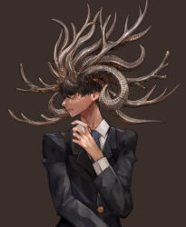 Rule 34 | 1boy, antlers, black hair, black jacket, blazer, blue necktie, brown background, closed mouth, collared shirt, cone horns, curled horns, deer antlers, formal, frown, hand up, highres, horns, jacket, long sleeves, looking at viewer, male focus, mixed horns, multiple horns, necktie, original, profile, sheep horns, shirt, short hair, sideways glance, simple background, suit, sumosamo, upper body, white shirt, yellow eyes