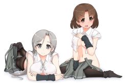 Rule 34 | 2girls, arm warmers, asashio (kancolle), asashio (kancolle) (cosplay), black legwear, breasts, brown eyes, brown hair, chitose (kancolle), chiyoda (kancolle), clothes pull, cosplay, grey hair, headband, kantai collection, large breasts, long hair, looking at viewer, multiple girls, open mouth, pantyhose, school uniform, shirt, short hair, sitting, skirt, skirt pull, smile, suspenders, thighhighs, tun, white shirt