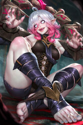 Rule 34 | 1girl, ahegao, ankle wrap, breasts, briar (league of legends), crossed legs, fingernails, highres, medium breasts, neoartcore, on floor, open mouth, pink hair, pointy ears, restrained, sharp fingernails, sharp teeth, sitting, smoke, tagme, teeth, white eyes, white hair