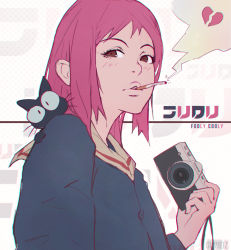Rule 34 | 00s, 1girl, animal, animal on shoulder, artist name, black cat, blush, broken heart, brown eyes, camera, cat, copyright name, expressionless, flcl, guweiz, heart, holding camera, long sleeves, looking at viewer, mouth hold, on shoulder, parted lips, pink hair, samejima mamimi, short hair, sketch, solo, speech bubble, spoken heart, takkun (flcl), whiskers, wide-eyed