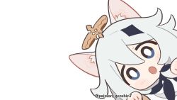 Rule 34 | 1girl, animal ears, blue eyes, cat day, cat ears, cat girl, chibi, genshin impact, hair ornament, halo, long sleeves, looking at viewer, mechanical halo, official art, open mouth, paimon (genshin impact), paimon genshin7, paw pose, short hair, white hair