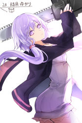 Rule 34 | 1girl, animal ears, animal hood, arched back, arms up, black jacket, breasts, chainsword, closed mouth, dress, fingernails, hair between eyes, highres, holding, hood, hood down, hooded jacket, jacket, long hair, long sleeves, looking at viewer, open clothes, open jacket, purple dress, purple eyes, purple hair, rabbit ears, rabbit hood, short hair with long locks, sidelocks, simple background, sleeves past wrists, small breasts, solo, translation request, very long hair, vocaloid, voiceroid, white background, yuuki kira, yuzuki yukari