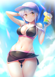 Rule 34 | 1girl, arm up, armpits, baseball cap, bikini, bikini skirt, black bikini, breasts, cleavage, collarbone, cowboy shot, cup, day, drinking glass, groin, halterneck, hand up, hat, highres, holding, large breasts, looking at viewer, navel, original, outdoors, parted lips, short hair, silver hair, solo, stomach, sunlight, swimsuit, thighs, tropical drink, yellow eyes, yuurei yashiki