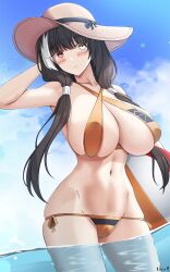 Rule 34 | 1girl, arm behind head, artist name, ball, beachball, bikini, black hair, blush, breasts, collarbone, commission, embarrassed, eyebrows hidden by hair, facing viewer, girls&#039; frontline, hat, heterochromia, highres, holding, holding ball, holding beachball, in water, keenh, large breasts, looking to the side, multicolored hair, navel, orange bikini, red eyes, ro635 (girls&#039; frontline), short twintails, signature, skindentation, solo, stomach, streaked hair, sun hat, swimsuit, twintails, water, wide brim, yellow eyes