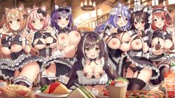 Rule 34 | 6+girls, ahoge, akusema, animal ear fluff, animal ears, bell, black bow, black bra, black gloves, black hair, black legwear, black skirt, blue eyes, blush, bow, bra, bra lift, breast hold, breasts, breasts squeezed together, bridal gauntlets, brown hair, cake, cat ears, cat girl, cat tail, chandelier, chieru (princess connect!), clothes lift, collar, covered erect nipples, cowboy shot, egg (food), embarrassed, extra ears, fang, food, french fries, fried egg, garter belt, gloves, green eyes, hair bow, highres, holding, holding menu, ilya (princess connect!), indoors, karyl (princess connect!), large breasts, lifted by self, looking at viewer, menu, micro bra, misato (princess connect!), misora (princess connect!), multicolored hair, multiple girls, neck bell, nipples, nozomi (princess connect!), omelet, omurice, pink hair, pizza, pointy ears, princess connect!, purple hair, red eyes, sandwich, see-through, shirt lift, shizuru (princess connect!), skin fang, skirt, star (symbol), star in eye, streaked hair, symbol in eye, tail, thighhighs, thighs, underboob, underwear, white collar, white hair, white wrist cuffs, window, wrist cuffs