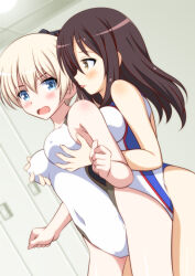 Rule 34 | 2girls, blonde hair, blue eyes, grabbing another&#039;s breast, breasts, brown eyes, brown hair, commentary request, competition swimsuit, covered navel, cowboy shot, dutch angle, eleonore giovanna gassion, grabbing, highleg, highleg swimsuit, highres, isa (ni-iro), locker, long hair, luminous witches, lyudmila andreyevna ruslanova, medium breasts, multicolored clothes, multicolored swimsuit, multiple girls, one-piece swimsuit, swimsuit, tongue, tongue out, white one-piece swimsuit, world witches series, yuri