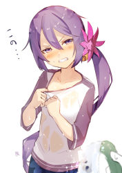 Rule 34 | 10s, 1boy, 1girl, admiral (kancolle), akebono (kancolle), alternate costume, angry, bell, blush, breasts, casual, clenched teeth, collarbone, contemporary, covered navel, flower, hair bell, hair between eyes, hair flower, hair ornament, half-closed eyes, holding, hose, jingle bell, kantai collection, long hair, looking at viewer, meth (emethmeth), purple eyes, purple hair, see-through, shirt, shirt tug, side ponytail, signature, small breasts, solo focus, t-shirt, teeth, upper body, water, wet, wet clothes, white background