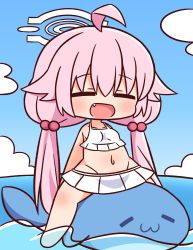 Rule 34 | 1girl, :d, ahoge, bare arms, bare shoulders, barefoot, bikini, blue archive, blue sky, blush, breasts, chibi, closed eyes, cloud, collarbone, commentary request, day, facing viewer, fang, frilled bikini, frills, full body, groin, hair between eyes, hair bobbles, hair ornament, halo, hana kazari, highres, horizon, hoshino (blue archive), hoshino (swimsuit) (blue archive), inflatable dolphin, inflatable toy, long hair, low twintails, navel, ocean, open mouth, outdoors, pink hair, sitting, sky, small breasts, smile, solo, straddling, swimsuit, twintails, very long hair, water, white bikini