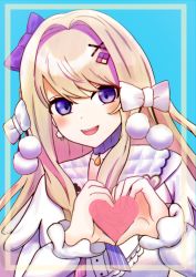 Rule 34 | 1girl, absurdres, blue background, blue bow, blue choker, blue eyes, blush, bow, brown hair, choker, collarbone, dot nose, hair bow, hair intakes, hair ornament, hakusai (user nkkd7242), heart, heart hands, highres, indie virtual youtuber, jewelry, long hair, long sleeves, looking at viewer, misumi no harawata, open mouth, pendant, pendant choker, smile, solo, upper body, virtual youtuber, watagashi unou, white bow, x hair ornament