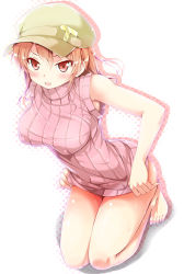 Rule 34 | 1girl, alternate costume, barefoot, blush, bottomless, breasts, brown eyes, brown hair, cabbie hat, cafe-chan to break time, covered erect nipples, hat, kneeling, open mouth, original, personification, porurin (do-desho), ribbed sweater, short hair, sleeveless, sleeveless turtleneck, solo, sweater, tea (cafe-chan to break time), turtleneck