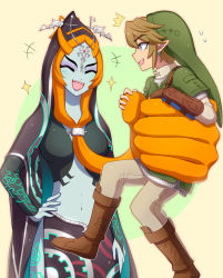 Rule 34 | 1boy, 1girl, blonde hair, blue skin, boots, brown footwear, closed eyes, colored skin, enni, fang, front ponytail, green headwear, hand on own hip, hat, highres, holding, hood, hood up, link, midna, midna (true), navel, nintendo, open mouth, orange hair, pointy ears, the legend of zelda, the legend of zelda: twilight princess
