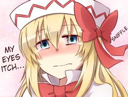 Rule 34 | 1girl, blonde hair, blue eyes, blush, bow, female focus, hair bow, hard-translated, hat, hay fever, lily white, long hair, solo, third-party edit, touhou, translated, yutamaro