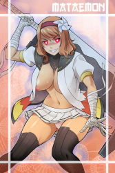 Rule 34 | 1girl, araki mataemon, areola slip, bandaged hand, bandages, blue eyes, blush, breasts, brown hair, cleavage, hairband, hyakka ryouran samurai girls, large breasts, long hair, long image, open clothes, open shirt, panties, skirt, smile, solo, sword, tall image, thighs, uncensored, underwear, weapon, x-t3al