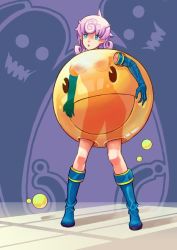 Rule 34 | 1girl, aqua eyes, boots, breasts, cao-cao, elbow gloves, ghost, gloves, namco, nude, pac-man, pac-man (game), personification, purple hair, see-through, solo