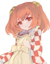 Rule 34 | 1girl, apron, bell, character name, checkered clothes, checkered kimono, closed mouth, commentary request, hair bell, hair ornament, highres, japanese clothes, jingle bell, kimono, long sleeves, lugoner1430, motoori kosuzu, orange eyes, orange hair, red kimono, romaji text, sash, simple background, solo, touhou, upper body, white background, white kimono, wide sleeves, yellow apron, yellow sash