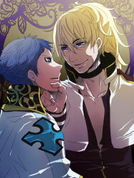 Rule 34 | 2boys, arch bishop (ragnarok online), bags under eyes, black choker, black shirt, blonde hair, blue eyes, blue hair, buttons, capelet, choker, commentary request, cross, flowery peko, hair between eyes, hand on own chin, long bangs, long hair, looking at another, male focus, multiple boys, official alternate costume, open mouth, purple eyes, ragnarok online, shirt, short bangs, smile, upper body, v-shaped eyebrows, white capelet