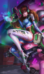 Rule 34 | 1girl, absurdres, acronym, arm at side, arm cannon, armor, artist name, bodysuit, boots, bracer, breasts, brown eyes, brown hair, blowing bubbles, bullet hole, charm (object), chewing gum, clothes writing, covered erect nipples, d.va (overwatch), eyelashes, facepaint, facial mark, finger on trigger, from side, gatling gun, gloves, gun, hand up, handgun, headphones, highres, holding, holding gun, holding weapon, holographic interface, large breasts, lazy (kimochi11111), lips, lipstick, long hair, long sleeves, makeup, mecha, meka (overwatch), one eye closed, overwatch, overwatch 1, pauldrons, pilot suit, pink lips, ribbed bodysuit, robot, rust, shoulder armor, shoulder pads, signature, sitting, skin tight, smile, solo, thigh boots, thigh strap, thighhighs, torn bodysuit, torn clothes, turtleneck, weapon, whisker markings, white gloves