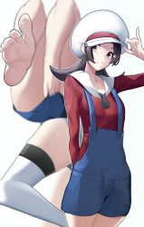Rule 34 | 1girl, arms behind back, bare shoulders, blue shorts, brown eyes, brown hair, closed mouth, collarbone, collared shirt, cowboy shot, creatures (company), game freak, hat, highres, long hair, looking at viewer, lyra (pokemon), nintendo, overall shorts, overalls, pokemon, pokemon hgss, red shirt, sailor collar, sailor shirt, shirt, short shorts, shorts, smile, soles, solo, standing, thighhighs, white background, white hat, white sailor collar, white thighhighs, yuuyuu (yuuki1771)