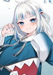 Rule 34 | arm up, asano (tomoli t), blue eyes, blue hair, blue jacket, closed mouth, eyebrows hidden by hair, fang, fish bone, gawr gura, gawr gura (1st costume), hair ornament, highres, hololive, hololive english, jacket, long sleeves, looking at viewer, multicolored hair, nail polish, shark, short twintails, smile, solo, streaked hair, twintails, upper body, virtual youtuber, water, water drop, white hair