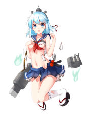 Rule 34 | 1girl, absurdres, allenes, aqua hair, bell, blue eyes, blue hair, blush, braid, breasts, burnt clothes, cannon, clenched hand, collarbone, covering breasts, covering privates, damaged, fire, fubuki (warship girls r), full body, green fire, hair ribbon, headgear, highres, hitodama, kneehighs, knees together feet apart, long hair, looking at viewer, matching hair/eyes, mecha musume, microskirt, miyuki (warship girls r), neckerchief, one eye closed, open mouth, panties, pleated skirt, ribbon, sandals, school uniform, serafuku, shirt, shoes, short hair, simple background, single braid, skirt, sleeveless, small breasts, socks, solo, standing, striped clothes, striped panties, torn clothes, torn legwear, torn shirt, torn skirt, torn socks, turret, underwear, warship girls r, white background, white socks