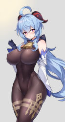 Rule 34 | 1girl, absurdres, ahoge, bare shoulders, bell, black bodysuit, black gloves, black legwear, blue hair, blush, bodystocking, bodysuit, bow, breasts, commentary, covered erect nipples, covered navel, cowbell, cowboy shot, crotch, detached sleeves, ganyu (genshin impact), genshin impact, gloves, gold trim, groin, hand up, heart, heart-shaped pupils, highres, horns, large breasts, leotard, leotard under clothes, long hair, looking at viewer, neck bell, nose blush, open mouth, puffy nipples, purple eyes, rope, serin199, sidelocks, solo, standing, symbol-shaped pupils, thighlet, thighs, white sleeves