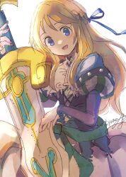 Rule 34 | 1girl, blonde hair, blue eyes, dress, highres, holding, holding weapon, long hair, miyama (lacrima01), open mouth, ribbon, simple background, smile, solo, sword, very long hair, weapon, white background, yggdra union, yggdra yuril artwaltz