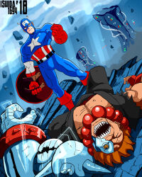 2boys akuma_(street_fighter) battle capcom captain_america captain_america_(series) cyber-akuma cyborg gloves lying marvel marvel_super_heroes_vs._street_fighter marvel_vs._capcom mask multiple_boys red_hair shield standing