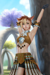 Rule 34 | 1girl, animal ears, armpits, arms up, warrior of light (ff14), bike shorts, black gloves, blurry, blurry background, breasts, brown hair, cat ears, cat tail, commission, cowboy shot, day, eyebrows, facial mark, final fantasy, final fantasy xiv, freckles, gloves, gohpot, green eyes, halterneck, highres, legs apart, lips, looking at viewer, midriff, miqo&#039;te, multicolored hair, nose, outdoors, short hair, skirt, slit pupils, small breasts, smile, solo, standing, tail, tree, two-tone hair, whisker markings