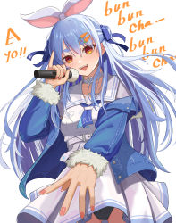 Rule 34 | 1girl, absurdres, bangom r, belt, black panties, blue hair, blue jacket, blue neckerchief, blue ribbon, blush, breasts, carrot hair ornament, choker, commentary request, cowboy shot, dress, food-themed hair ornament, hair between eyes, hair ornament, hair ribbon, highres, holding, holding microphone, hololive, jacket, long hair, long sleeves, looking at viewer, microphone, nail polish, neckerchief, off shoulder, official alternate costume, open clothes, open jacket, open mouth, panties, rabbit-shaped pupils, red eyes, red nails, ribbon, sailor collar, short eyebrows, simple background, solo, standing, symbol-shaped pupils, thick eyebrows, underwear, usada pekora, usada pekora (casual), virtual youtuber, white background, white belt, white choker, white dress, white sailor collar