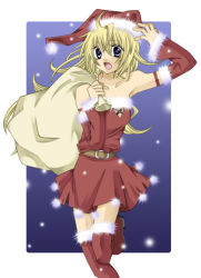 Rule 34 | 00s, 1girl, belt, blonde hair, christmas, colette brunel, detached sleeves, dress, elbow gloves, gloves, hat, leg up, long hair, sack, santa costume, santa hat, solo, strapless, strapless dress, tales of (series), tales of symphonia, thighhighs