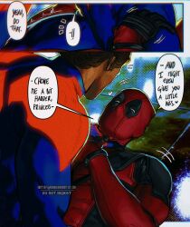 Rule 34 | 2boys, artist name, blurry, blurry background, brown hair, deadpool, deadpool (series), english text, formal, heart, highres, implied yaoi, male focus, manly, marvel, mature male, miguel o&#039;hara, multiple boys, muscular, muscular male, neon lights, short hair, signature, spandex, speech bubble, spider-man: across the spider-verse, spider-man (2099), spider-man (series), spider-verse, suit, tight clothes, toned, umikochannart