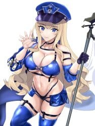 Rule 34 | 1girl, azur lane, baltimore (azur lane), baltimore (azur lane) (cosplay), baltimore (finish line flagbearer) (azur lane), bikini, black bikini, black choker, blonde hair, blue bikini, blue eyes, blue footwear, blue hat, blue jacket, blue shorts, boots, breasts, chest harness, choker, cleavage, closed mouth, collarbone, commentary request, cosplay, cowboy shot, cropped jacket, damuko (kxmx4323), detached sleeves, dolphin wave, flag, gloves, groin, harness, hat, highleg, highleg bikini, highres, holding, holding pole, jacket, kirahoshi kanna, large breasts, long hair, looking at viewer, micro shorts, mismatched bikini, navel, open hand, peaked cap, pole, race queen, shorts, sidelocks, simple background, single bare shoulder, single detached sleeve, single glove, single sleeve, skindentation, smile, solo, standing, standing on one leg, stomach, swimsuit, thigh boots, underbust, very long hair, wavy hair, white background