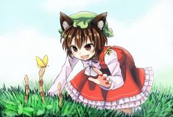 Rule 34 | 1girl, :3, akizuki haruhi, animal ears, blush, bow, brown eyes, brown hair, bug, butterfly, cat ears, chen, chinese clothes, day, fang, frilled skirt, frills, hat, insect, kneeling, mob cap, nail polish, outdoors, red skirt, skirt, smile, socks, solo, touhou, white bow, white socks