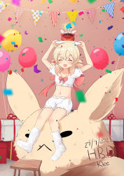 Rule 34 | 1girl, :d, absurdres, ahoge, alternate costume, arms up, balloon, birthday cake, bloomers, blurry, blush, box, cake, casual, character name, collarbone, commentary, commentary request, confetti, dated, depth of field, dodoco (genshin impact), english commentary, food, full body, genshin impact, gift, gift box, hair between eyes, happy birthday, highres, holding, holding plate, jumpy dumpty, klee (genshin impact), light brown hair, long hair, looking at viewer, low twintails, midriff, mixed-language commentary, navel, open mouth, oversized object, plate, pointy ears, riding, sidelocks, sitting, smile, solo, stool, stuffed animal, stuffed toy, twintails, underwear, white legwear, zen (user hwzv3542)