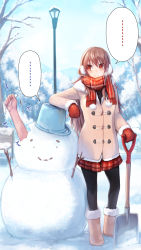 Rule 34 | ..., 1girl, ankle boots, arm support, black pantyhose, boots, breath, brown hair, bucket, coat, comic, earmuffs, fur boots, highres, long hair, mittens, original, outstretched arm, pantyhose, red eyes, red mittens, scarf, shovel, skirt, smile, snow, snowman, solo, tree, trembling, worktool, yatsuashi matomo