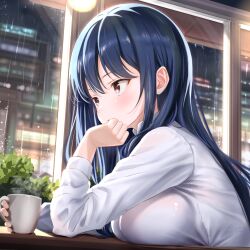 Rule 34 | 1girl, artist name, blue hair, boku no kokoro no yabai yatsu, breast rest, breasts, breasts on table, brown eyes, cup, dark blue hair, dated, elbow rest, fluno, highres, indoors, large breasts, long hair, rain, shirt, sitting, solo, teacup, upper body, wet, wet clothes, wet shirt, white shirt, window, yamada anna