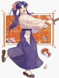 Rule 34 | 1boy, 1girl, blue eyes, blue hair, blue hakama, blush stickers, commentary, cropped head, cross scar, facial scar, from side, full body, geta, hair ribbon, hakama, hakama pants, high ponytail, highres, himura kenshin, holding, holding shinai, japanese clothes, kamiya kaoru, light blush, long sleeves, looking at viewer, looking to the side, low ponytail, open mouth, outstretched arms, pants, pink ribbon, ribbon, rurouni kenshin, sandals, scar, scar on cheek, scar on face, shinai, sidelocks, simple background, smile, socks, sparklu, standing, standing on one leg, sword, tabi, teeth, upper teeth only, weapon, white socks, wide sleeves, wooden sword