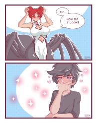 Rule 34 | arthropod girl, belly, black hair, blush, colorized, crying, crying with eyes open, english text, heart, heart-shaped pupils, highres, insect girl, leena (luxuriass), luxu, monster girl, multiple arms, multiple eyes, multiple legs, original, red eyes, red hair, speech bubble, spider girl, symbol-shaped pupils, tears, text focus
